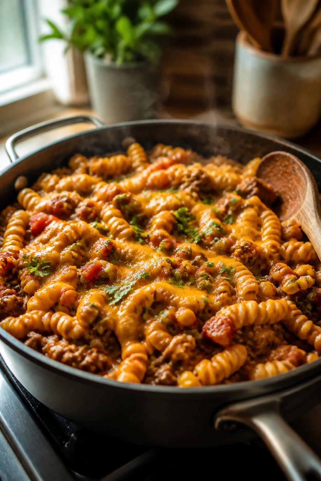 Skillet of taco pasta with beef, salsa, corn and cheese in a home kitchen