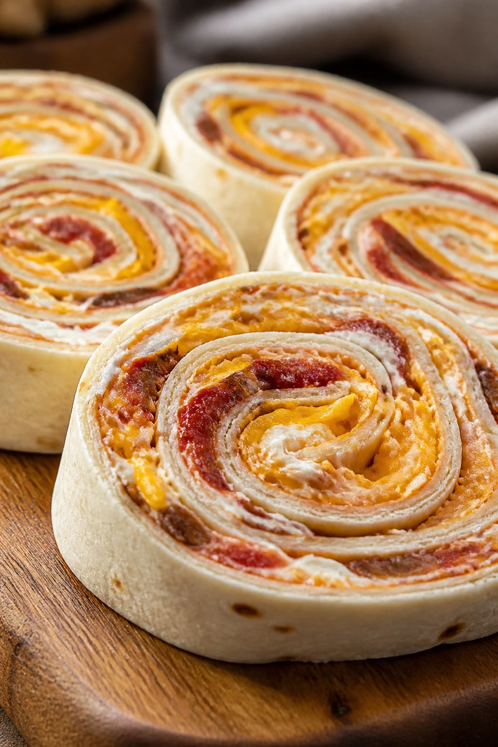 Close-up of tortilla pinwheels sliced to reveal creamy filling