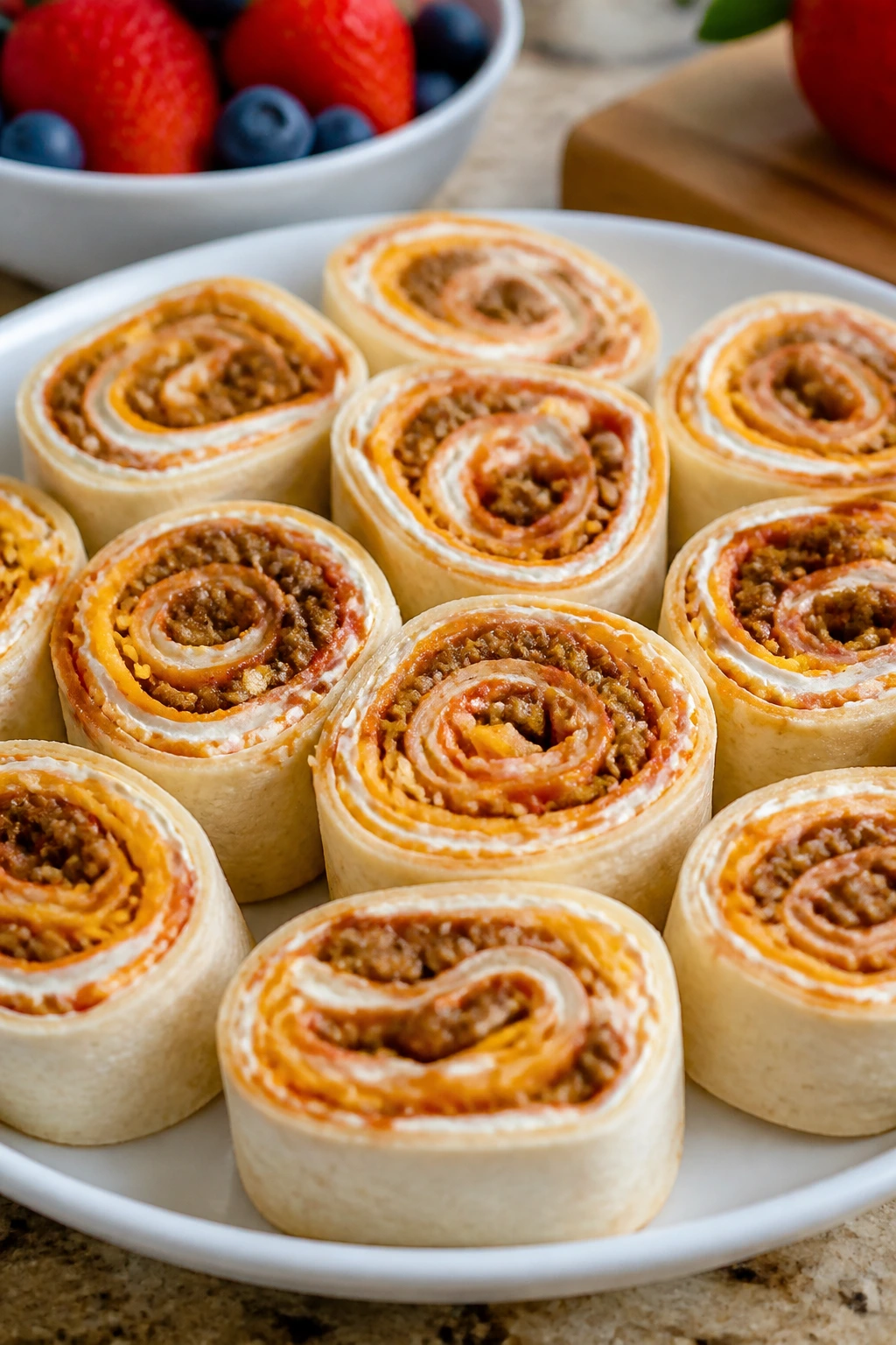 Close-up of taco pinwheels with cream cheese and cheddar on a plate