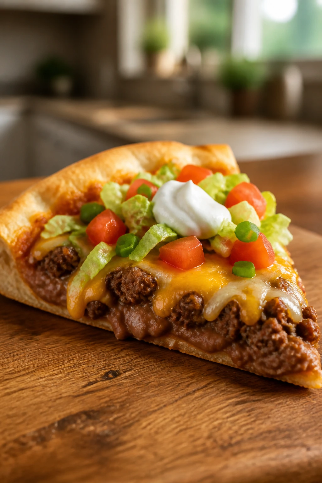 Close-up of taco pizza wedge with beef and cheese on a warm kitchen table