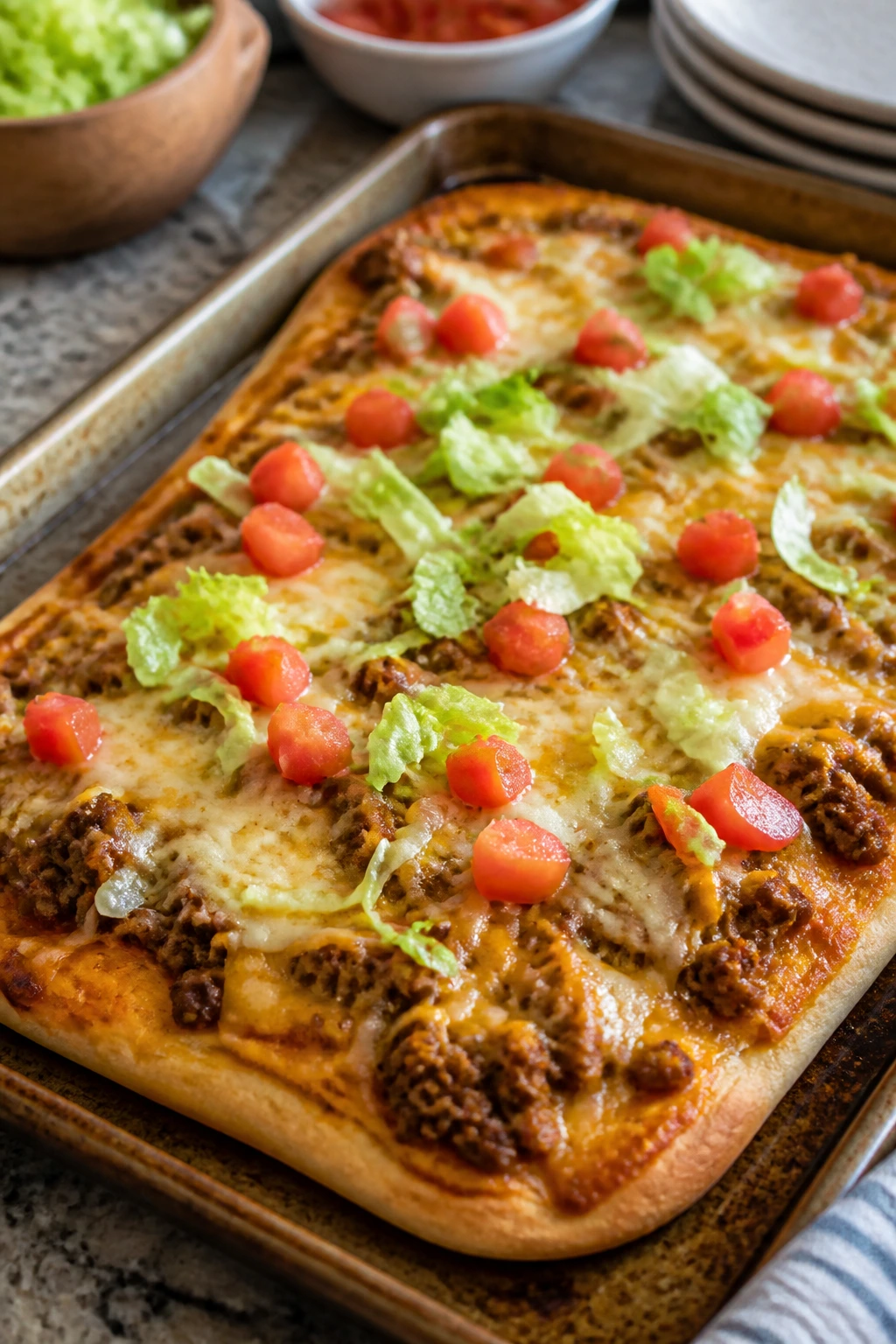 Taco pizza with beef and cheese on a baking sheet