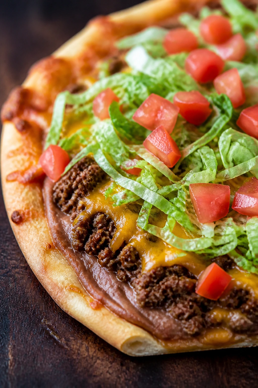 Slice of taco pizza with beef and cheese on dark board