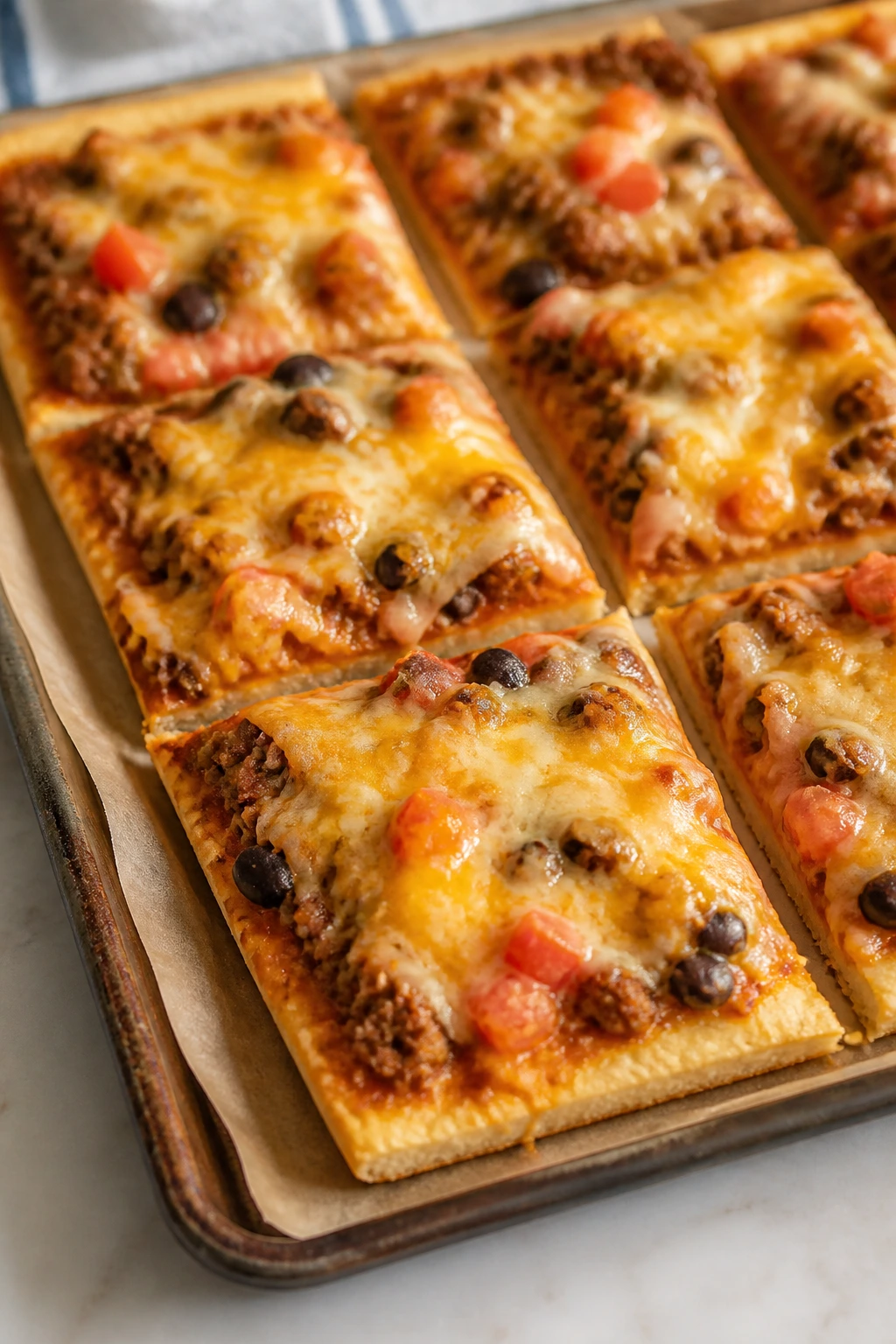 Close-up of taco pizza squares on a sheet pan