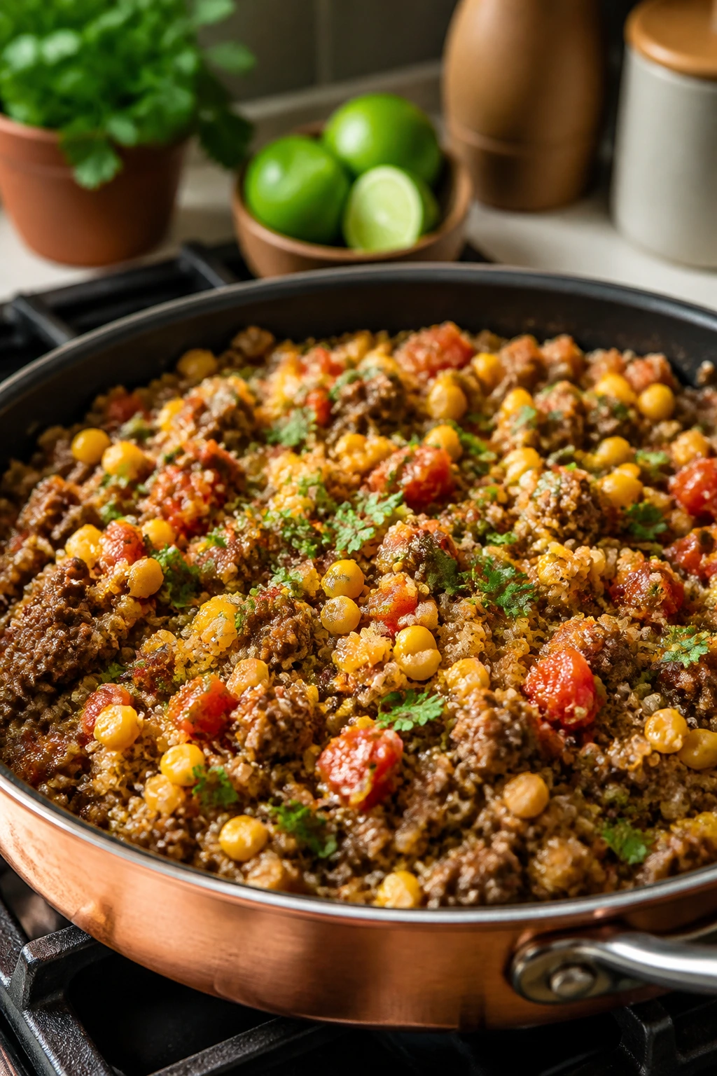 Close-up of taco quinoa skillet with beef and vegetables in a pan