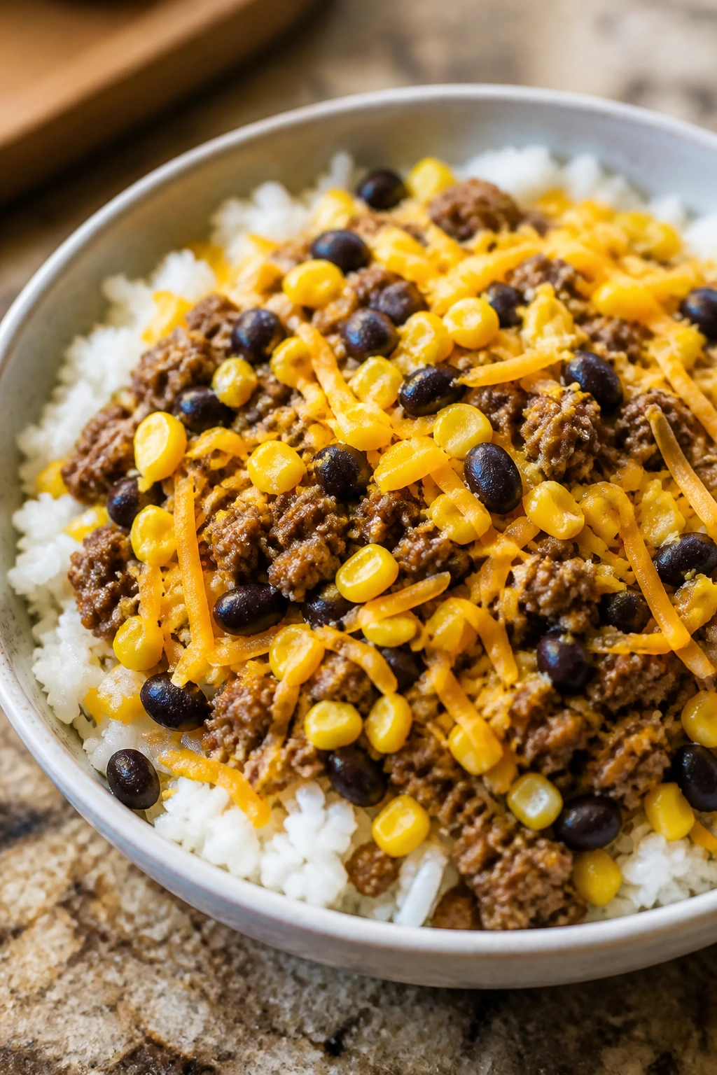 Close-up of mild beef taco rice bowl with rice, beef, cheese and beans
