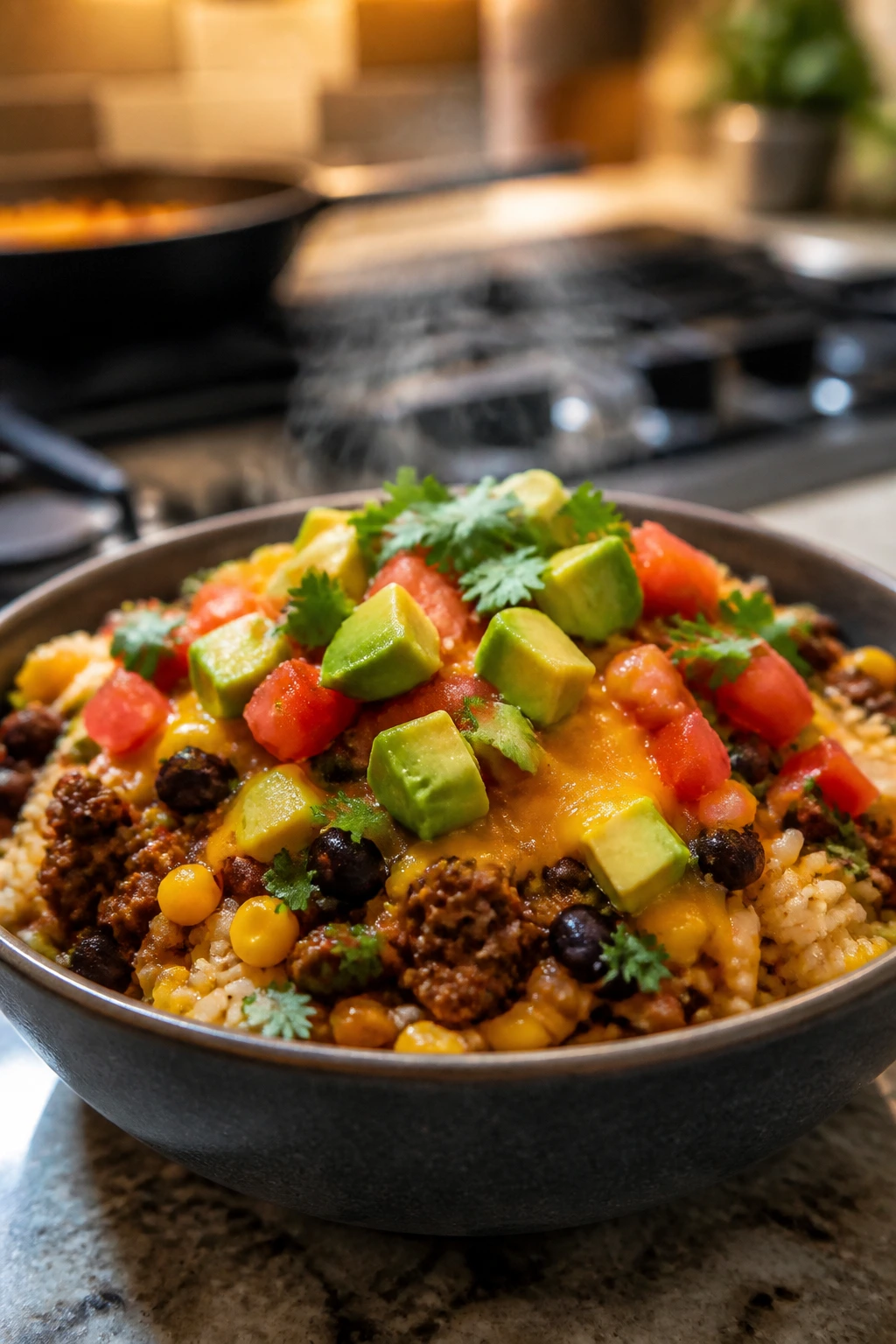 Close-up of taco rice bowl with beef, rice, beans, corn, and cheese.