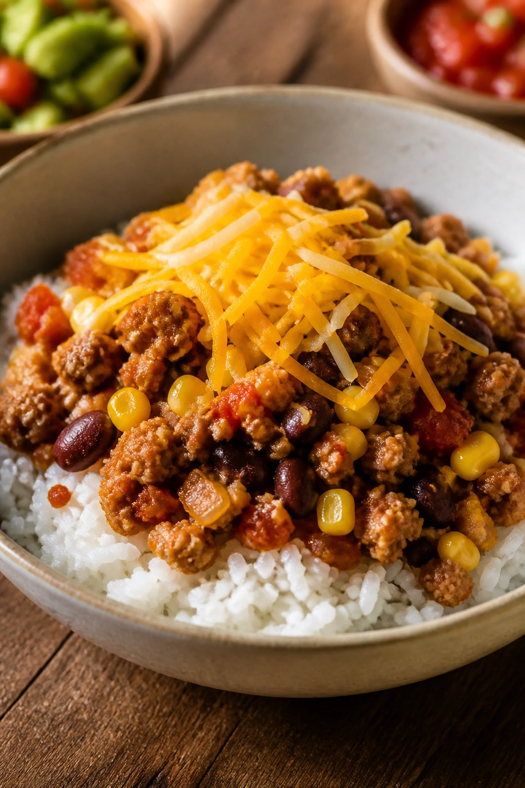Rice bowl with turkey, beans, corn and cheese in a rustic setting