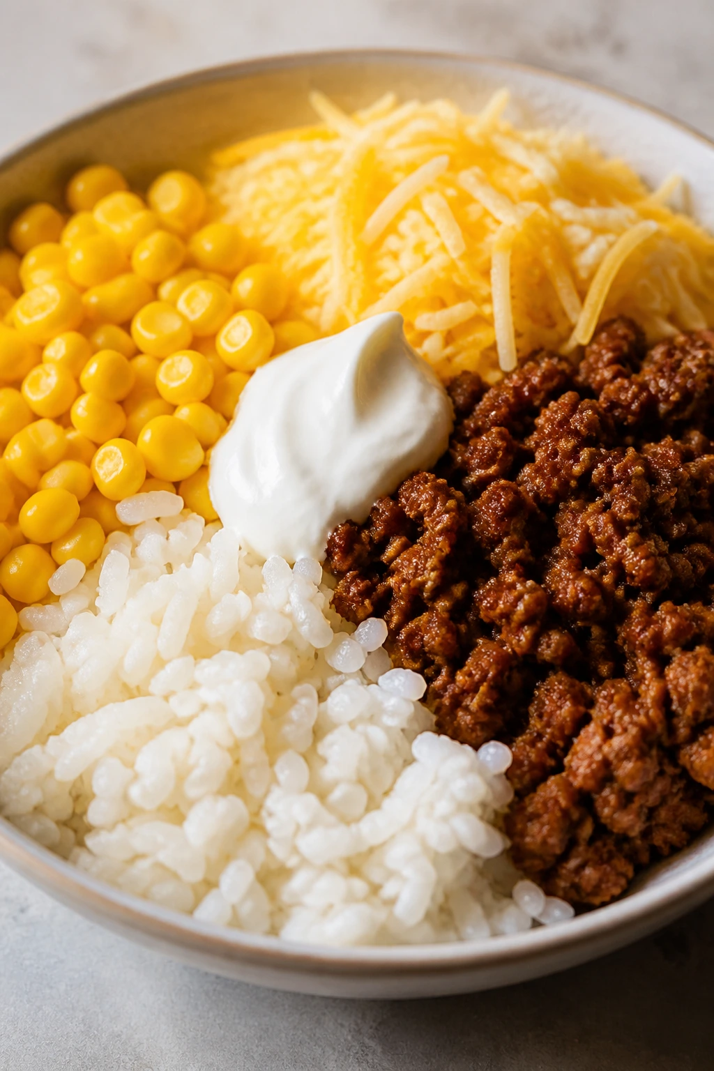 Close-up of a bowl with separate components for mild taco rice bowls