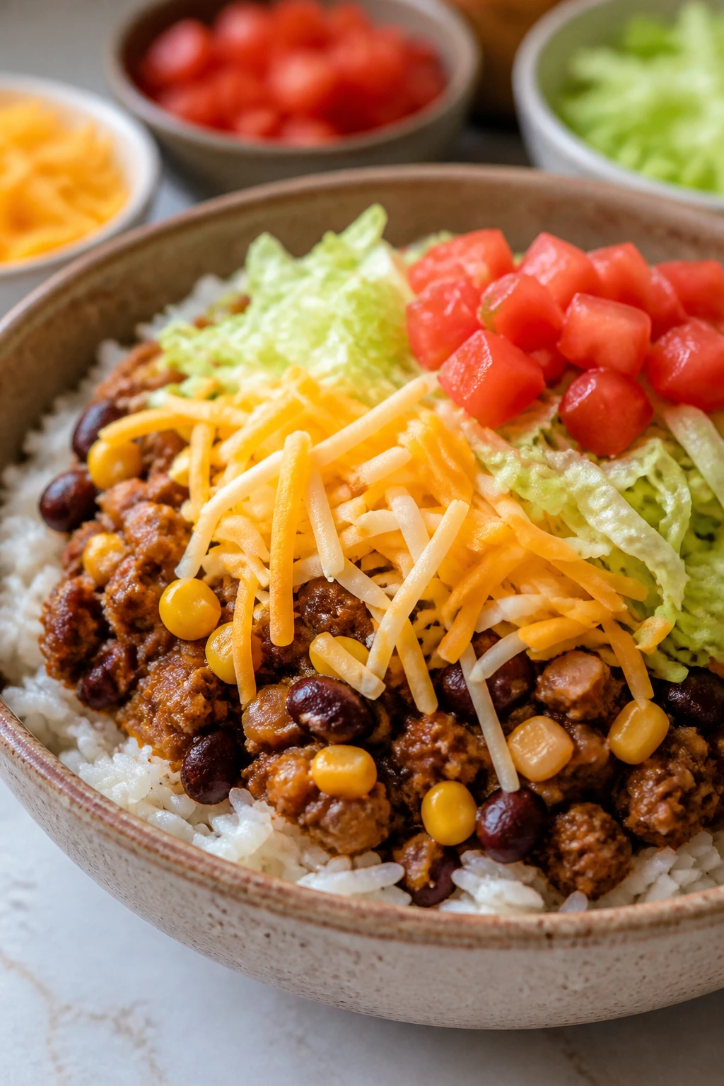 Colorful taco rice bowl with layered ingredients