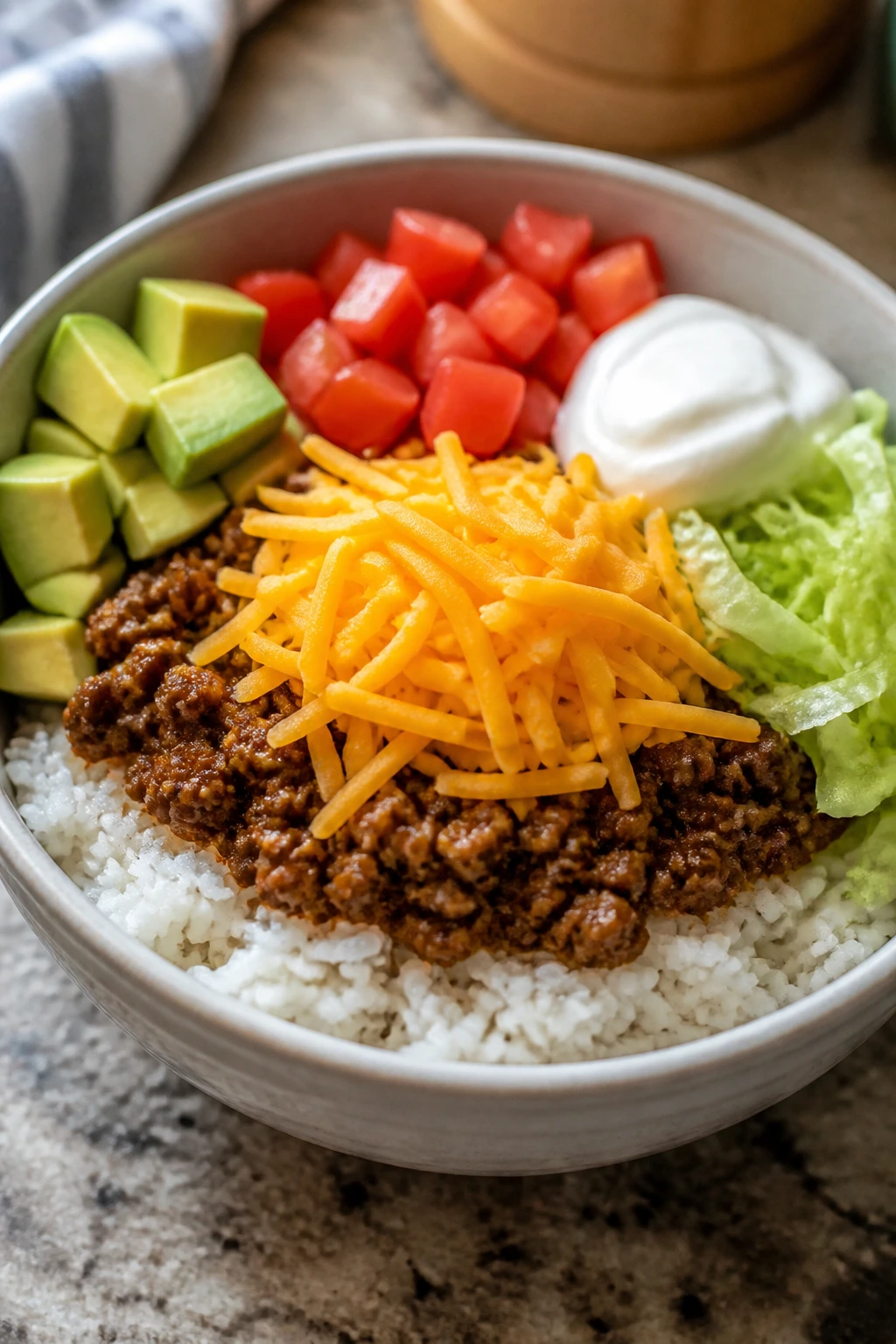 Close-up of mild taco rice bowl with rice, meat, and cheese.