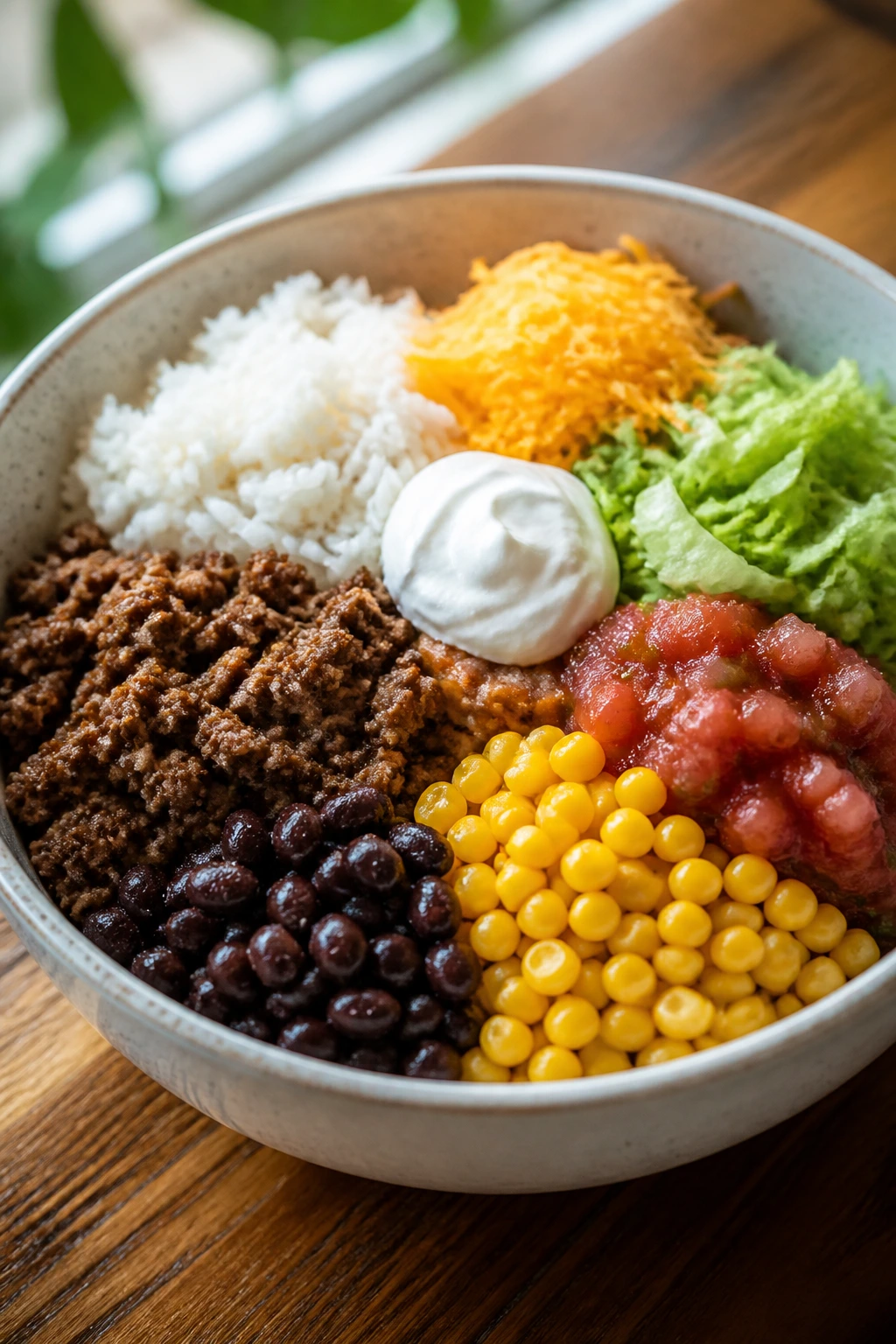 Bowl of taco rice bowls with toppings in tidy sections