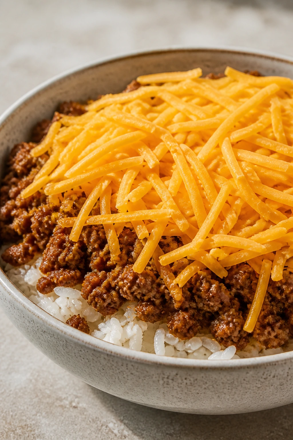 Layered taco rice bowl with rice, beef, and cheese