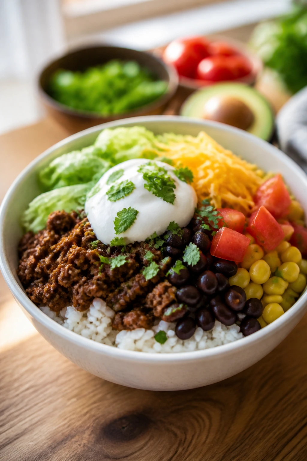 Colorful taco rice bowl with beef, beans, corn, and cheese