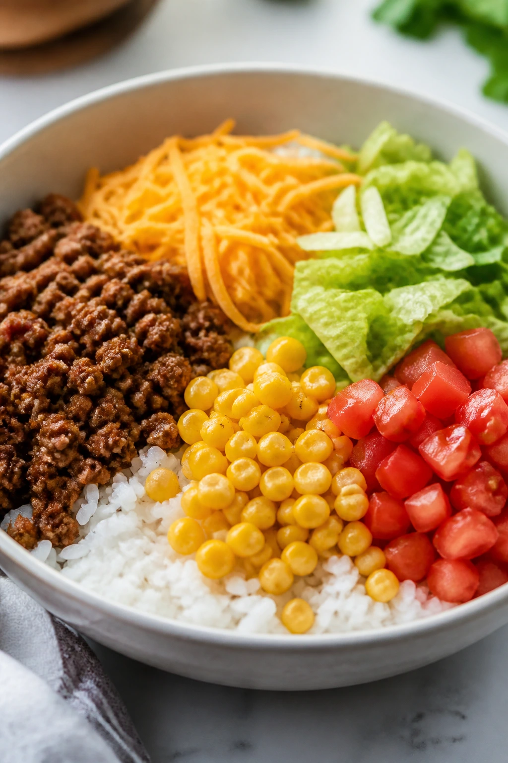 Close-up of mild taco rice bowls in a bowl with separate toppings