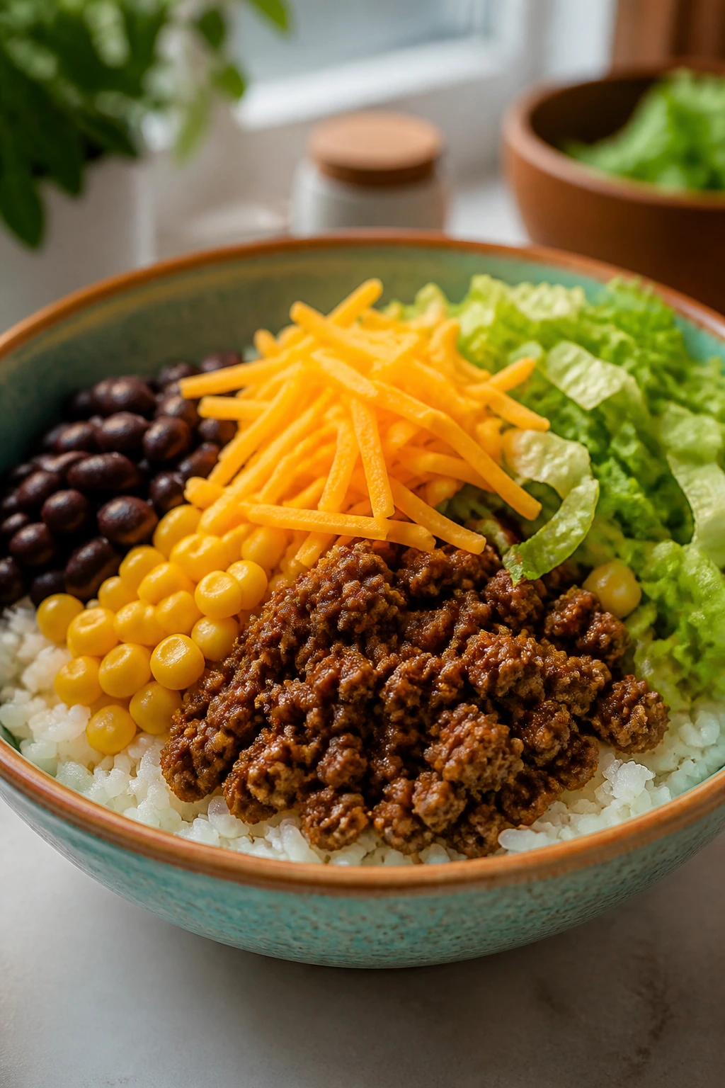 Close-up of a bowl of mild taco rice with meat, corn, beans, cheese, and lettuce