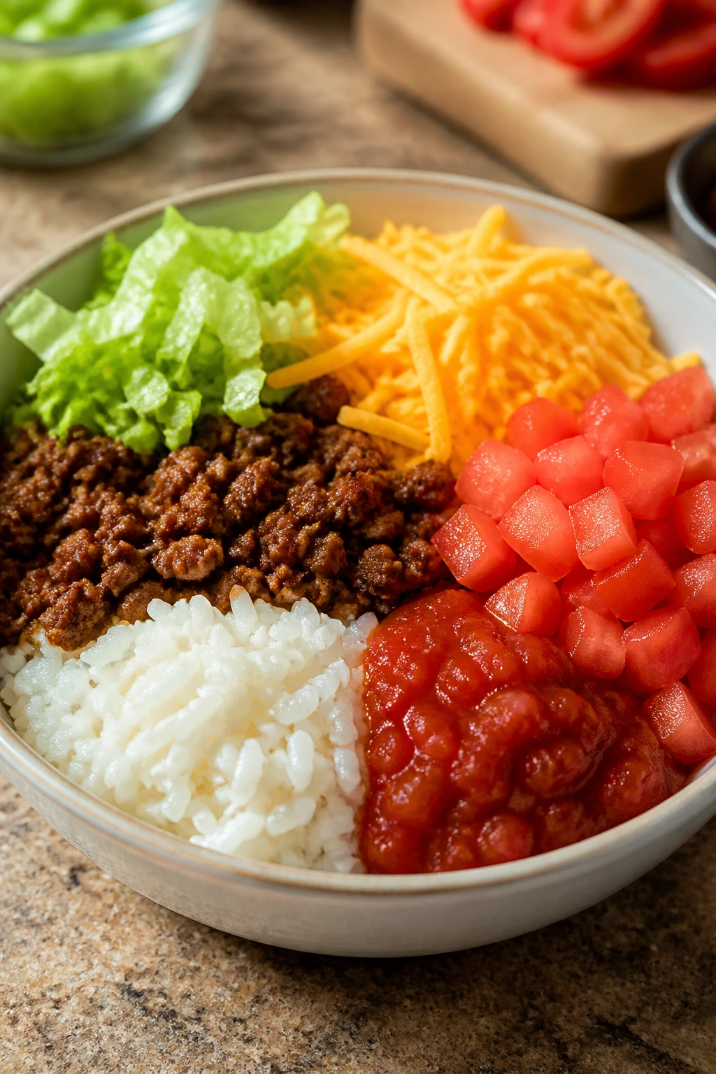 Close-up of a taco rice bowl with rice, beef, cheese, and veggies.