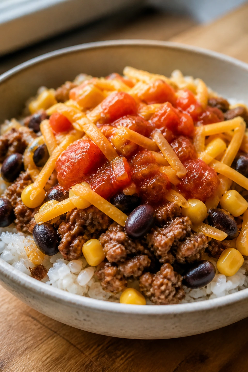 Close-up of taco rice bowl with rice, meat, beans, and corn