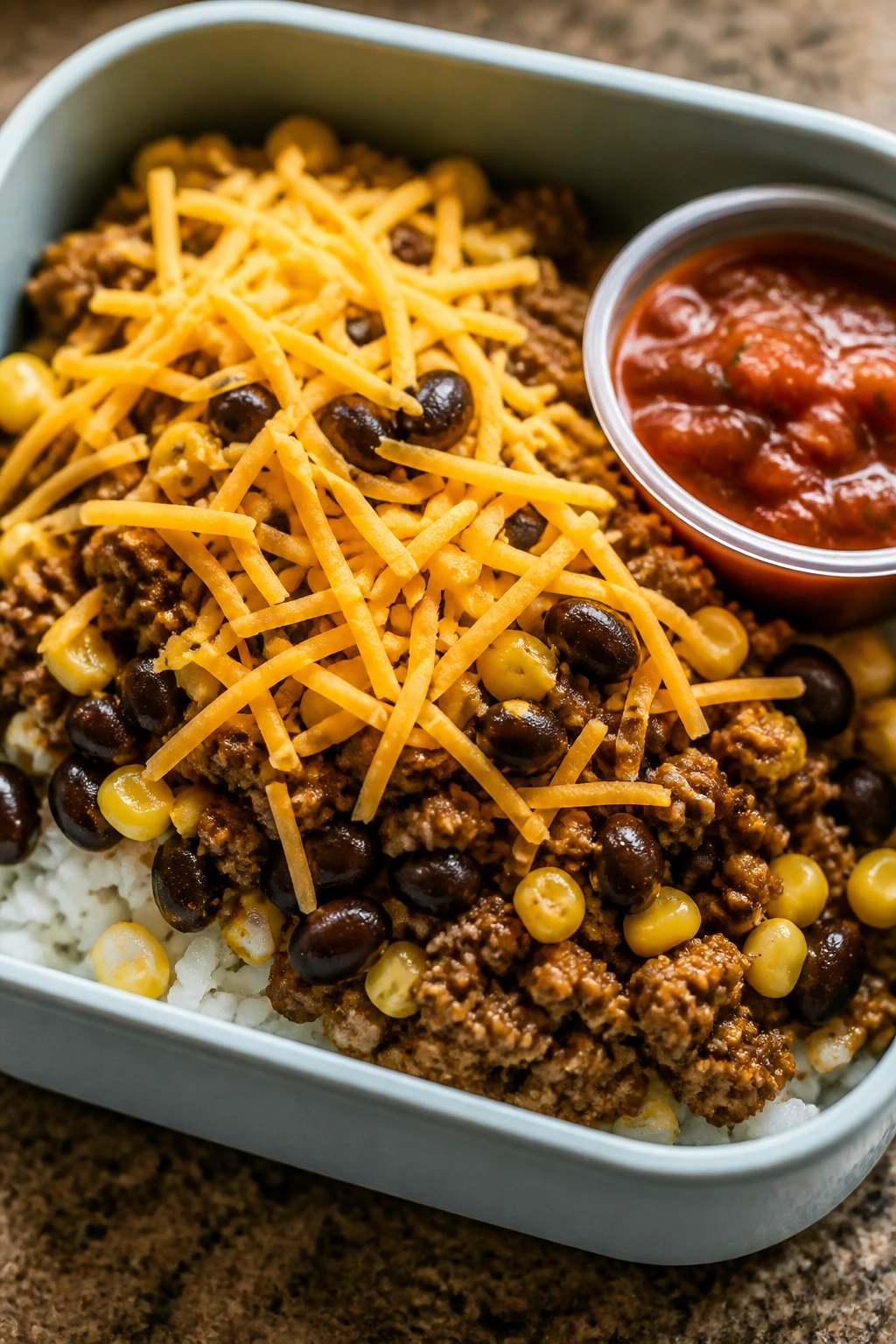 Close-up of a taco rice bowl with rice, beef, beans, corn, and cheese in a lunchbox bowl