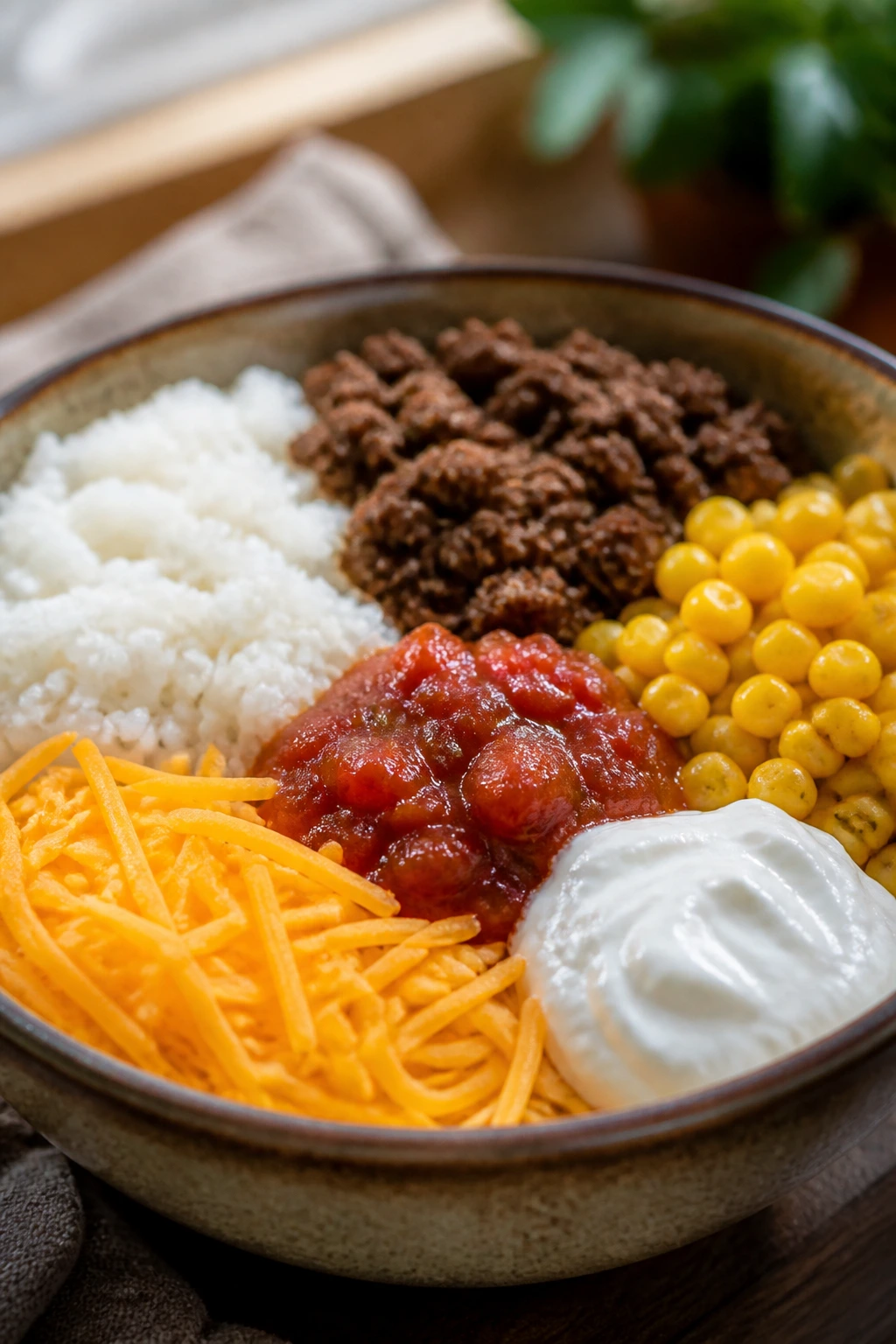 Close-up of Taco Rice Bowls showing rice, beef, cheese, corn, salsa, and sour cream in neat sections