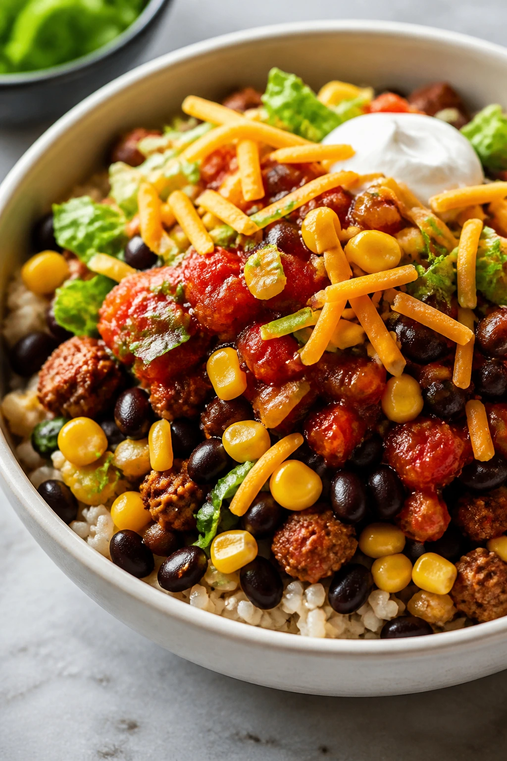 Close-up of taco rice bowl with beans and salsa