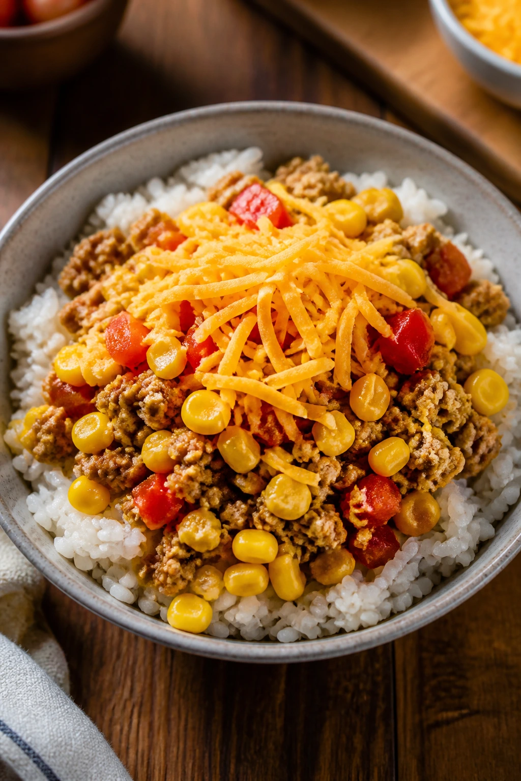Close-up of mild taco rice bowls with rice, turkey, corn and cheese on a wooden kitchen counter