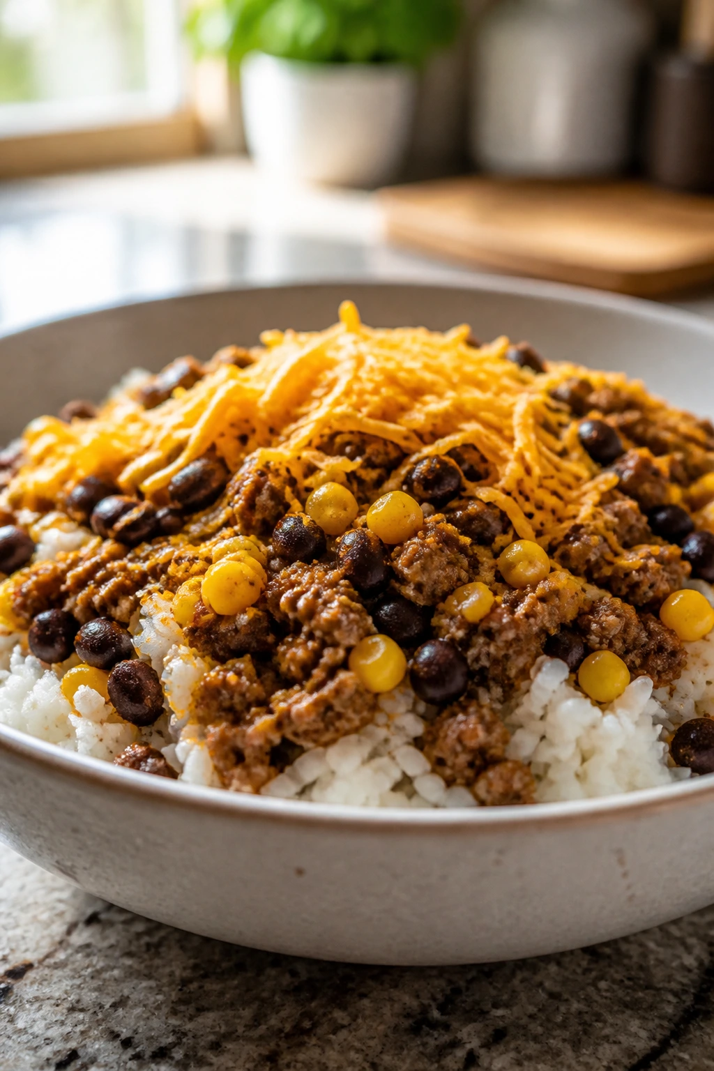 Close-up of a bowl of Taco Rice Bowls with rice, beef, beans, corn and cheese in a cozy kitchen.