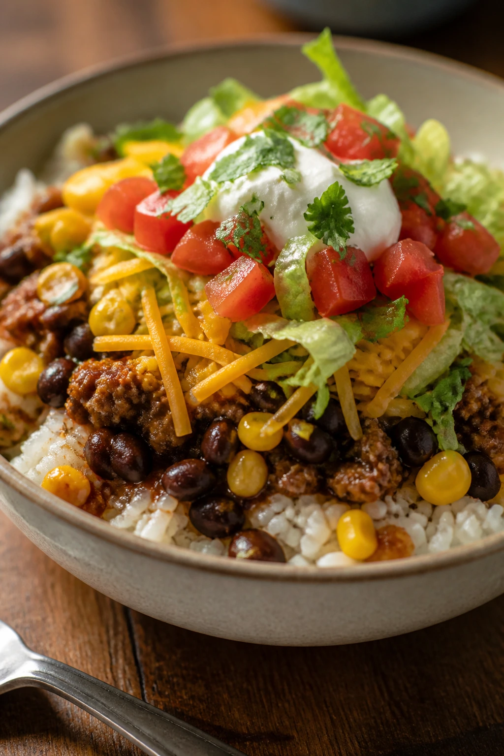 Close-up of taco rice bowl with meat, beans, corn and cheese