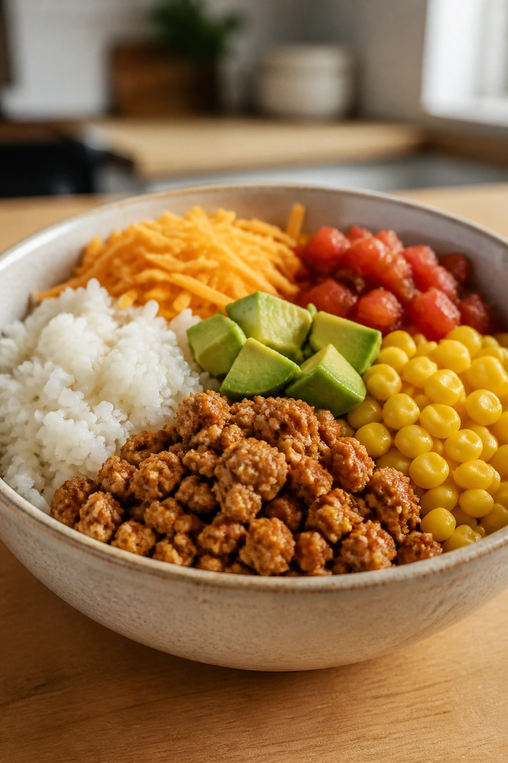 Close-up of a mild taco rice bowl with rice, turkey, corn, cheese, and optional salsa