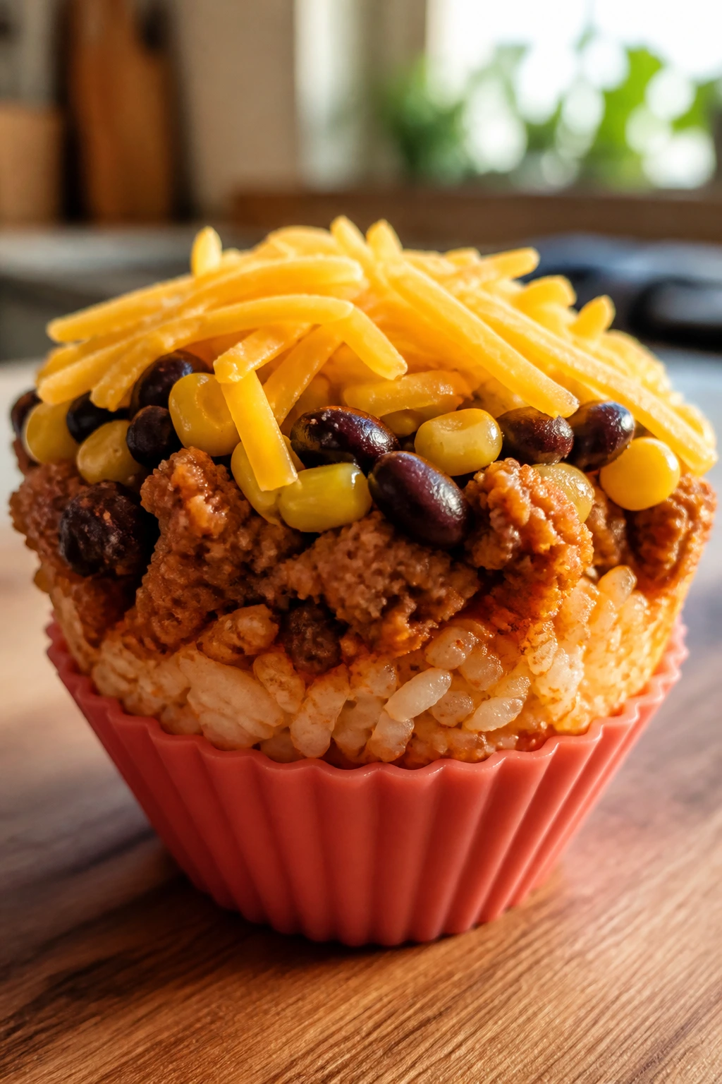 Close-up of a single taco rice cup with layers of rice, turkey, beans, corn, and cheddar on a wooden counter
