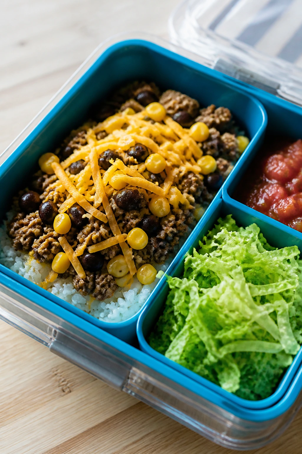 Close-up of taco rice lunch box with beef, beans, corn, and cheddar