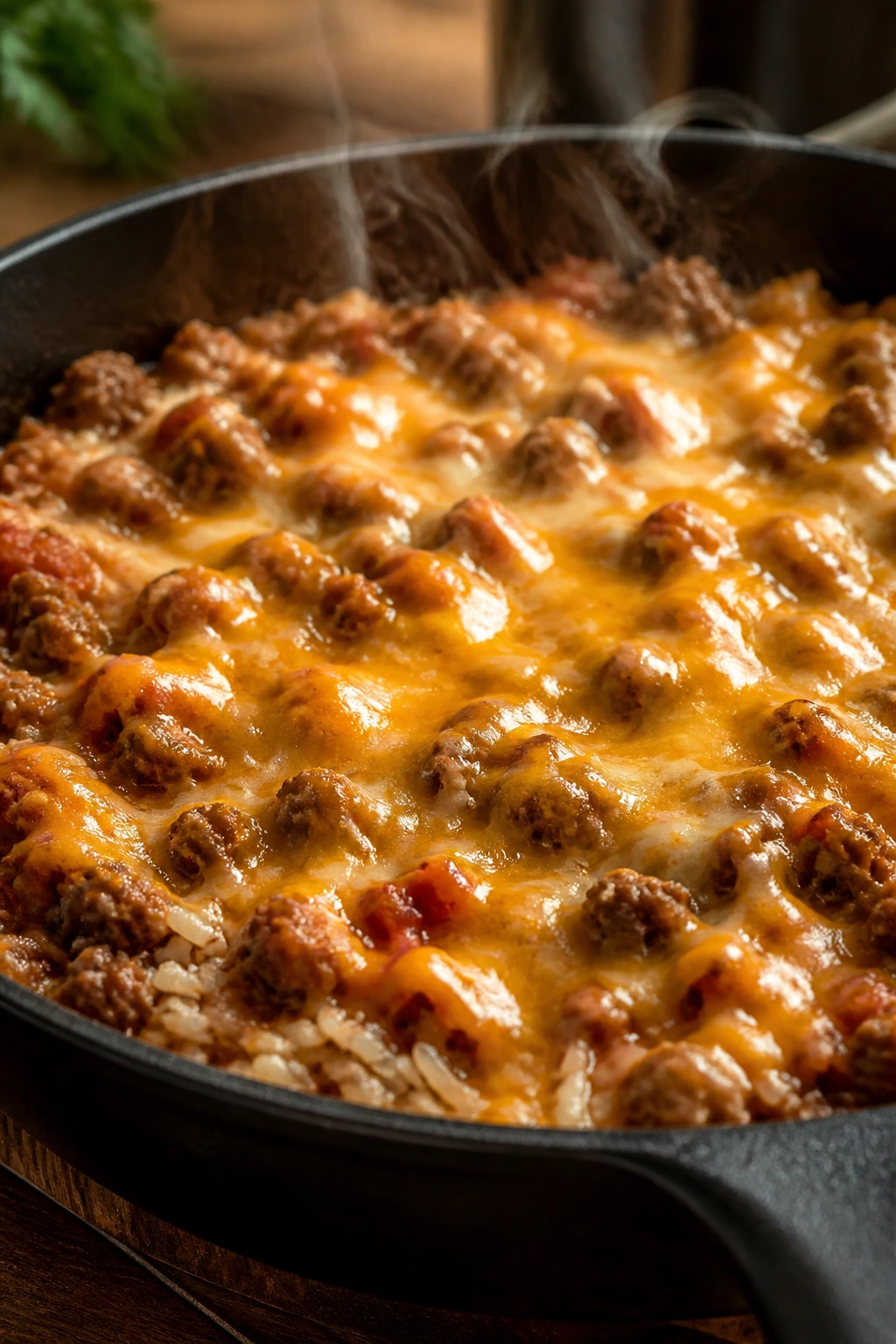 Close-up of a cheesy taco rice skillet in a pan.