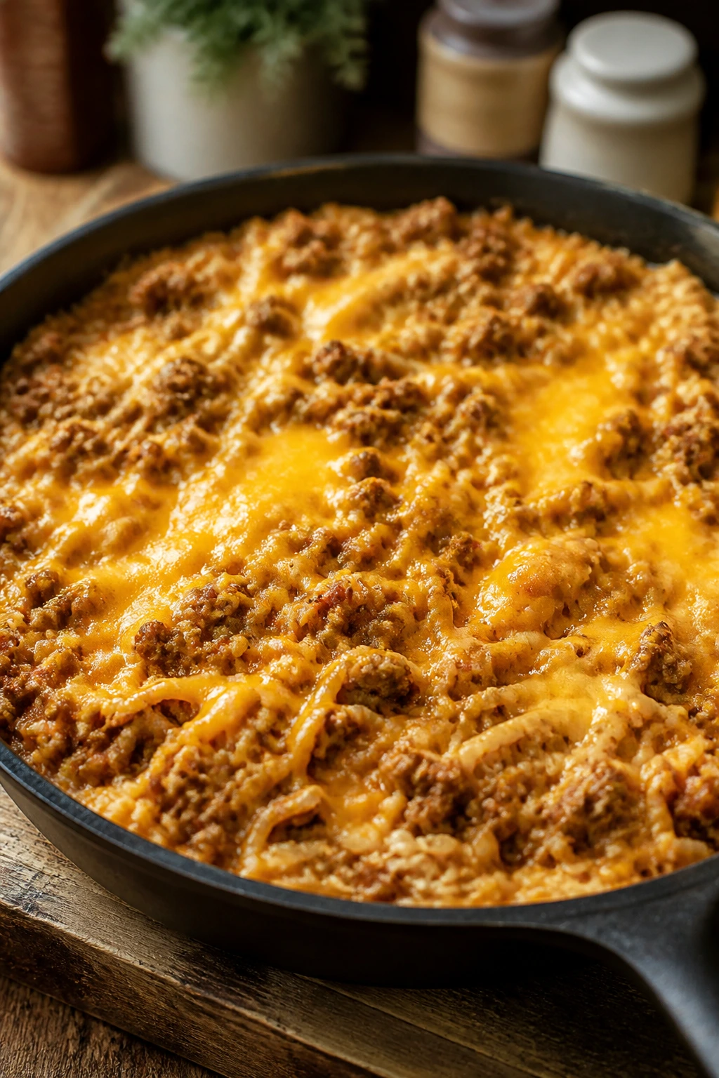 Cheesy Taco Rice Skillet in a home kitchen