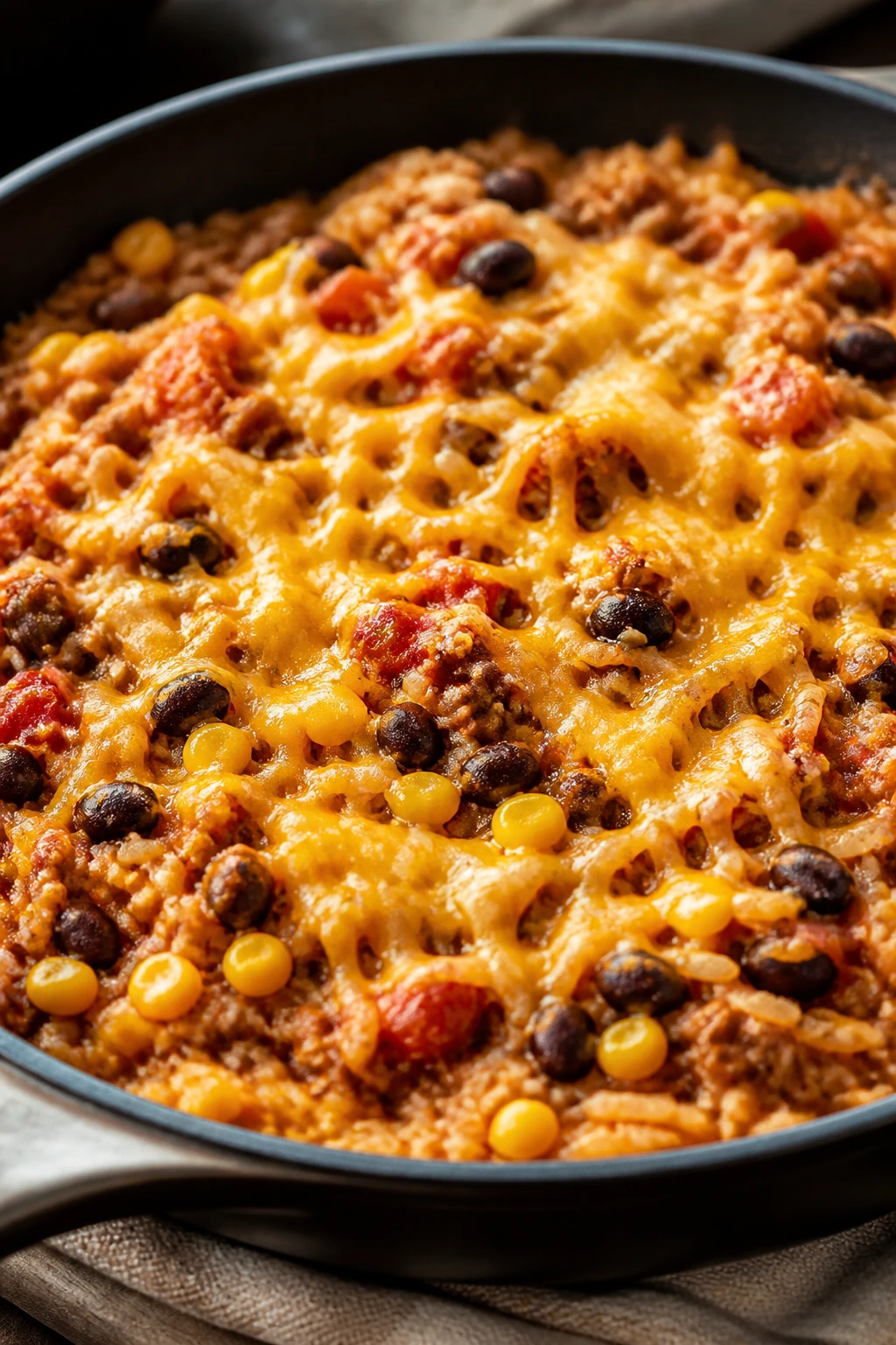 Mild taco rice skillet with meat, rice, beans, corn and cheese