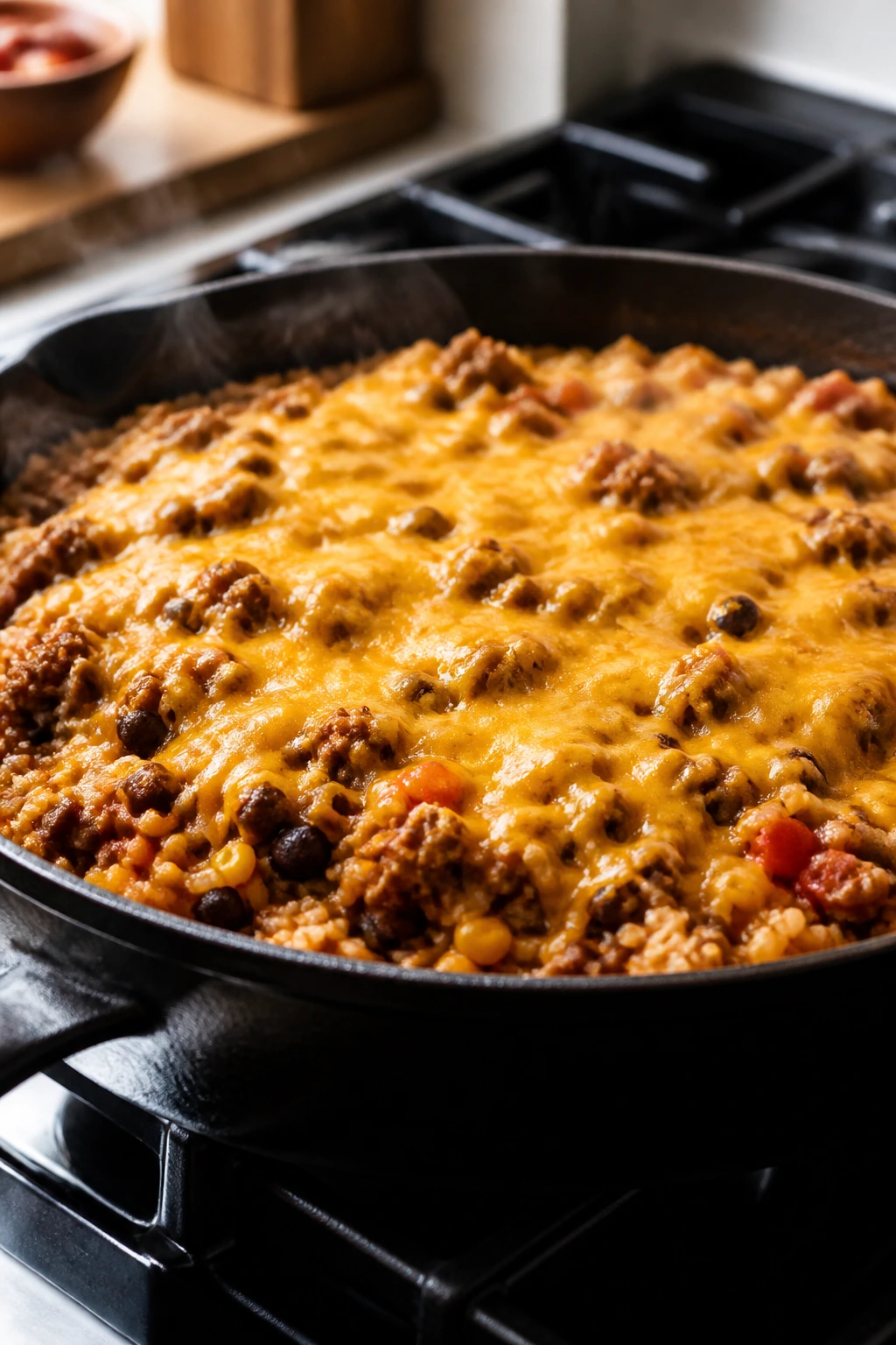 Skillet of cheesy taco rice with browned meat, beans, corn and cheese