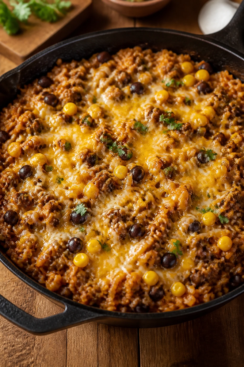 Skillet of taco rice with melted cheese on top
