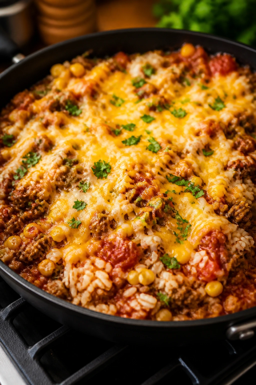 Skillet of taco rice with beef and cheese