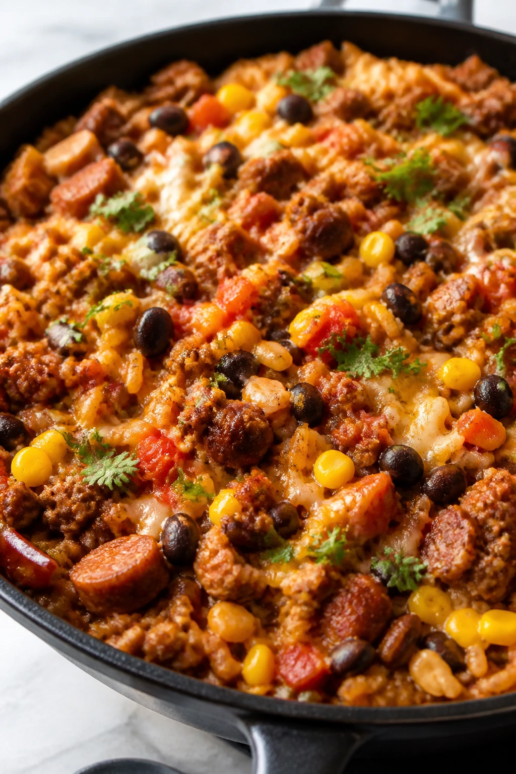 Skillet of taco rice with beef and sausage