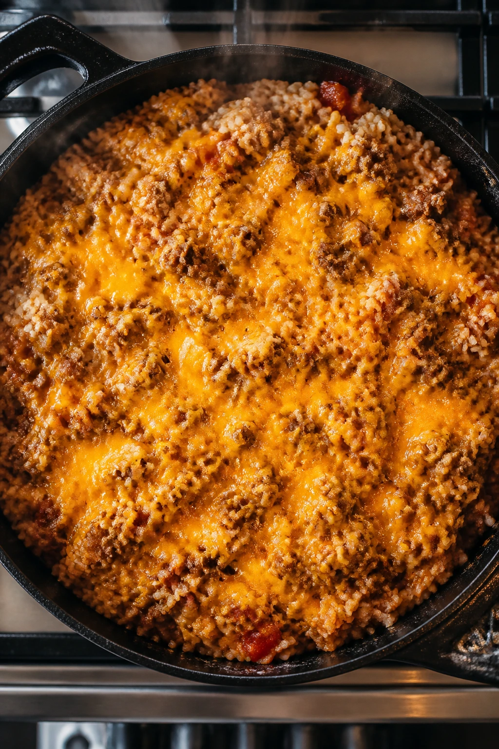 Top-down view of a cheesy taco rice skillet
