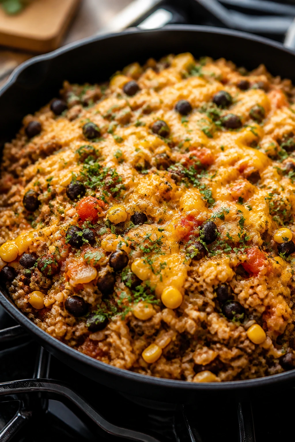 Close-up of taco rice skillet with seasoned beef, rice, beans, corn, and cheese.