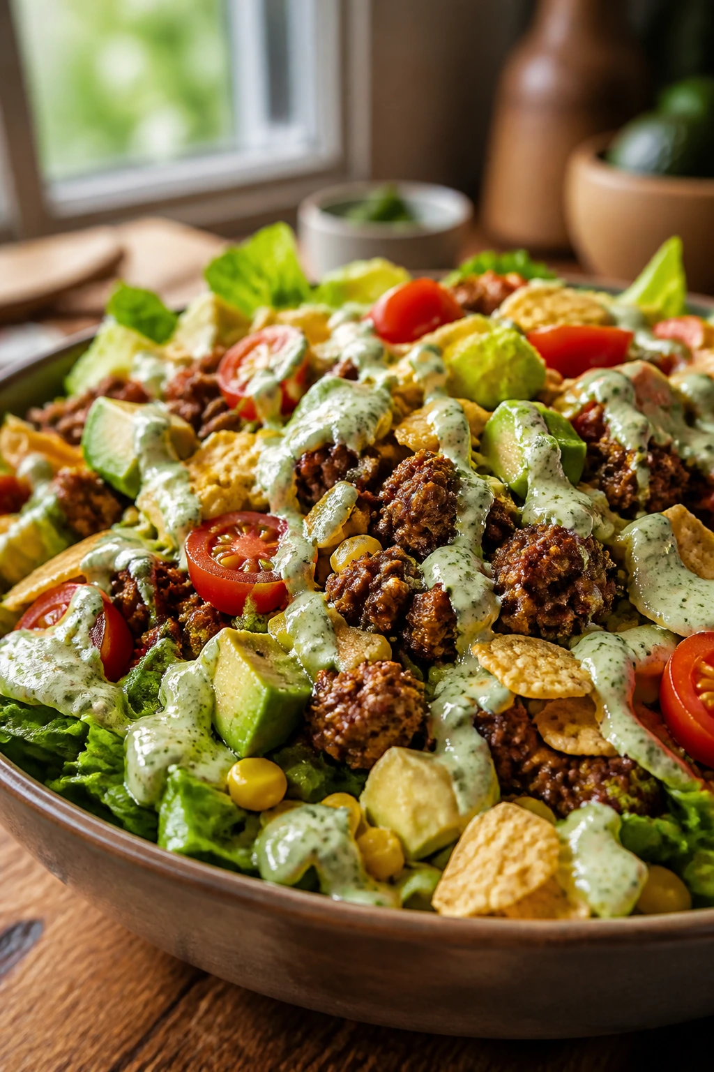 Close-up of Taco Salad with Avocado Ranch featuring beef, avocado, corn, tomatoes and tortilla chips on a rustic kitchen counter