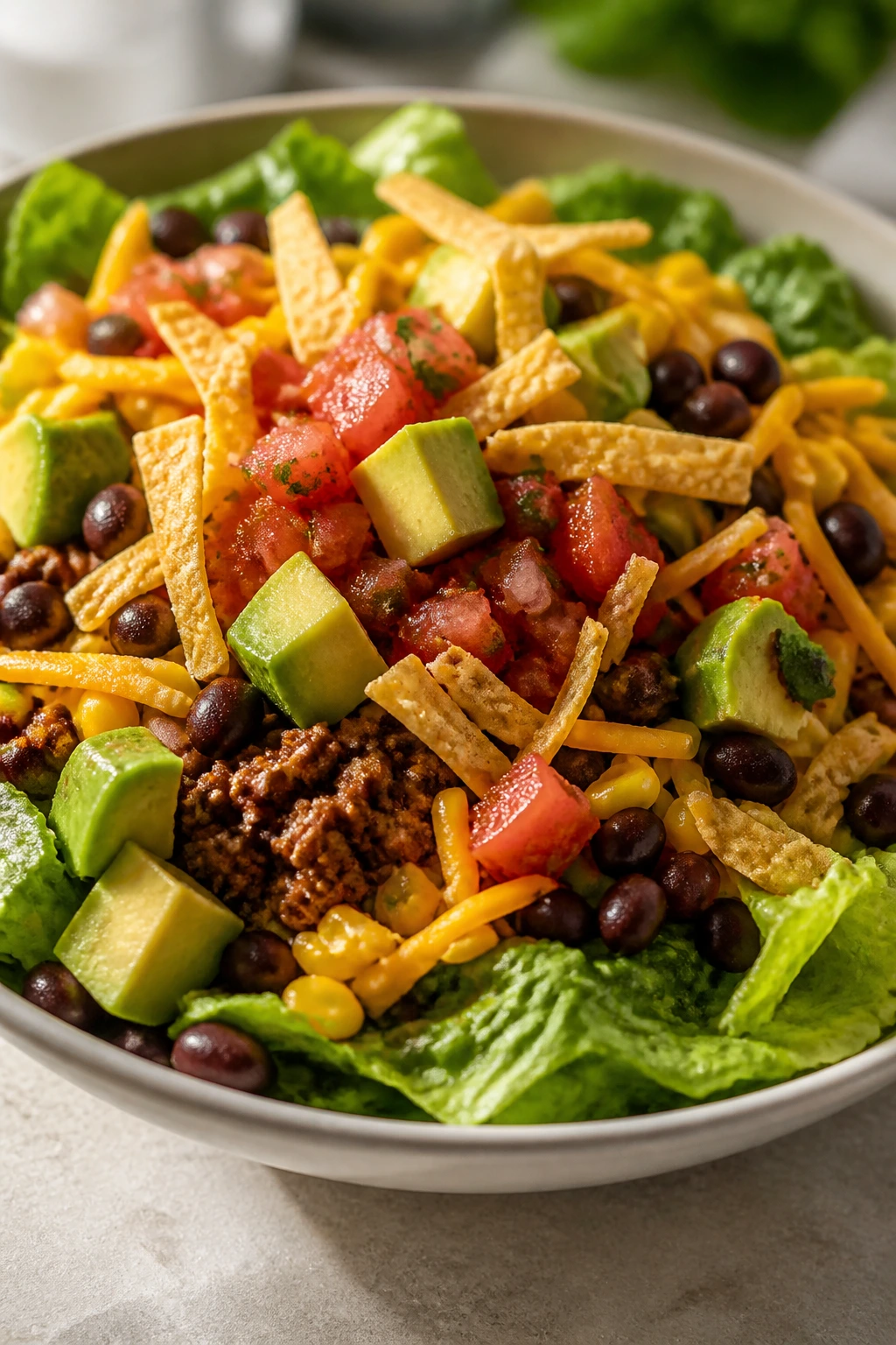 Taco salad with beef, beans and tortilla strips in a bowl