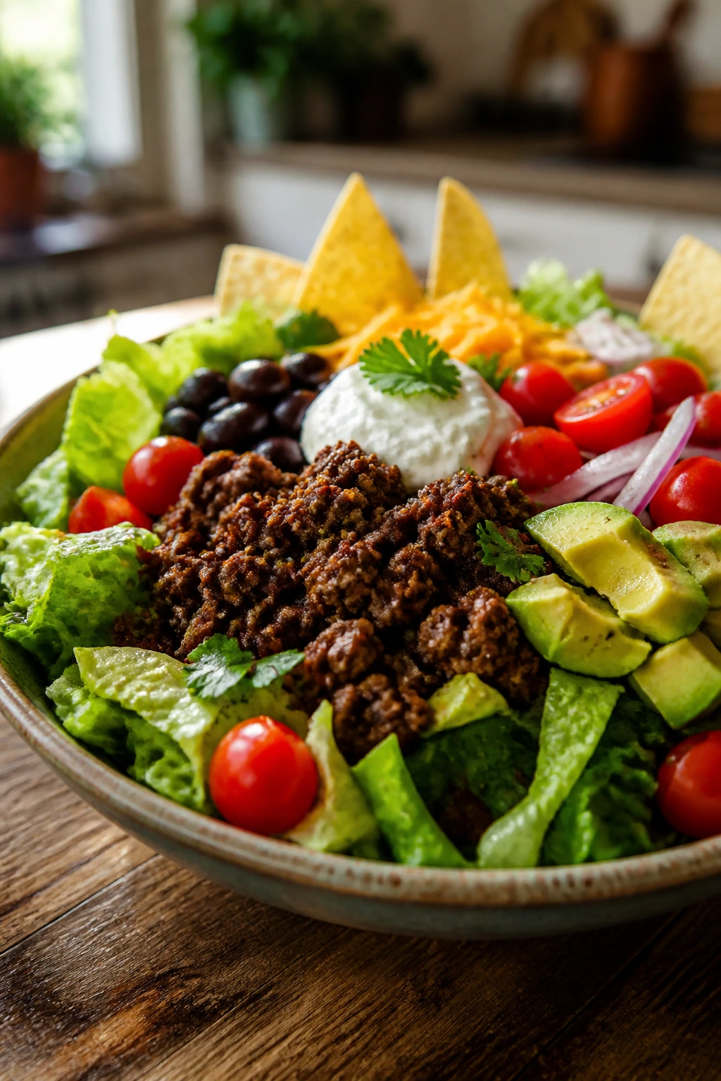 Vibrant taco salad bowl with lean ground beef and greens
