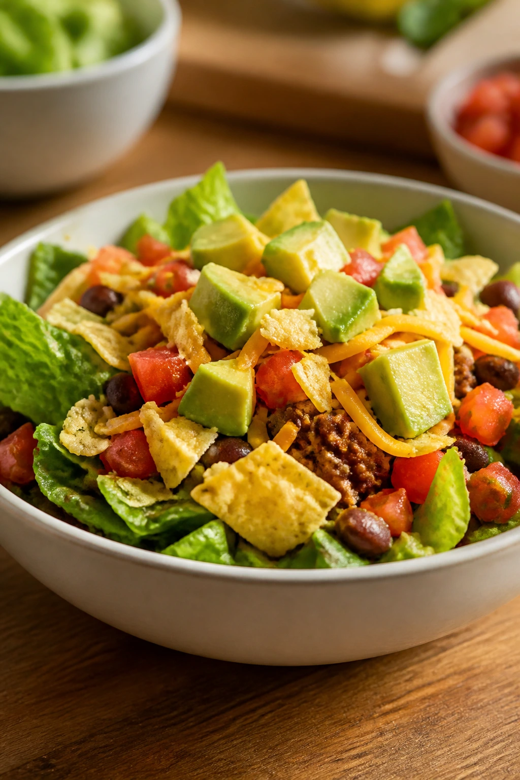 Close-up of a taco salad bowl with lettuce, meat or beans, cheese, chips, tomato and avocado