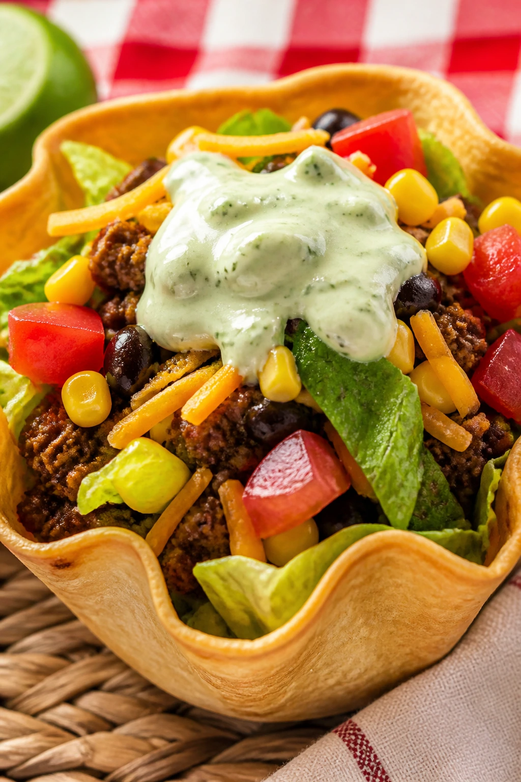 Close-up of taco salad cup topped with lime crema