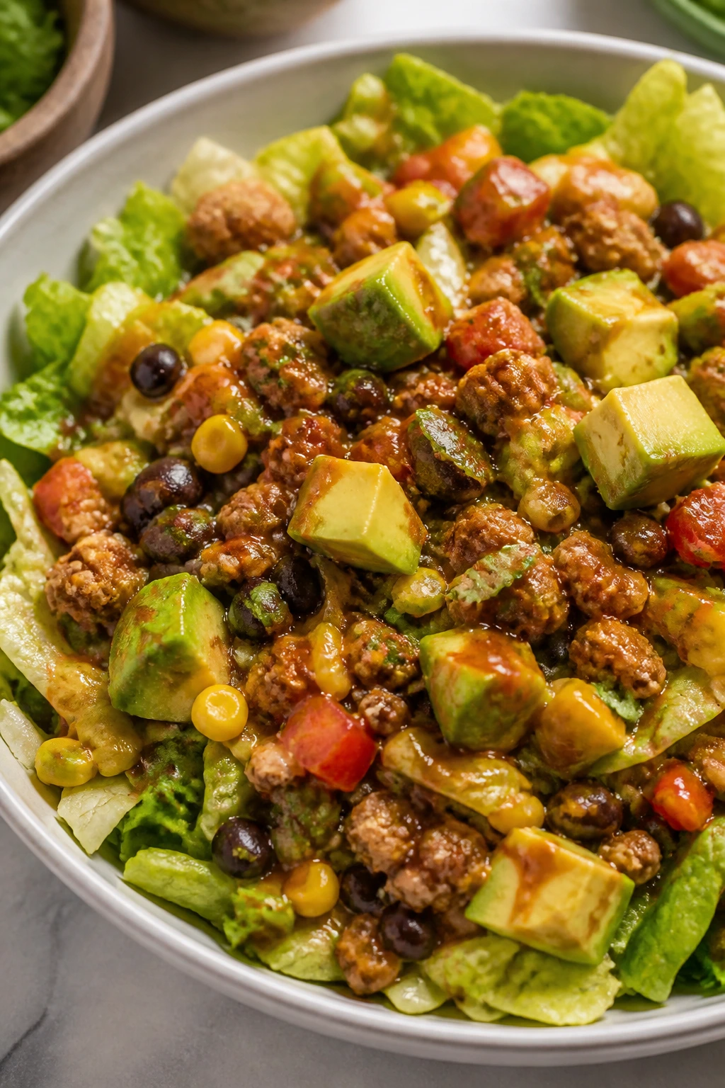 Vibrant taco salad with lettuce, turkey, beans, corn, avocado and salsa dressing in a bowl