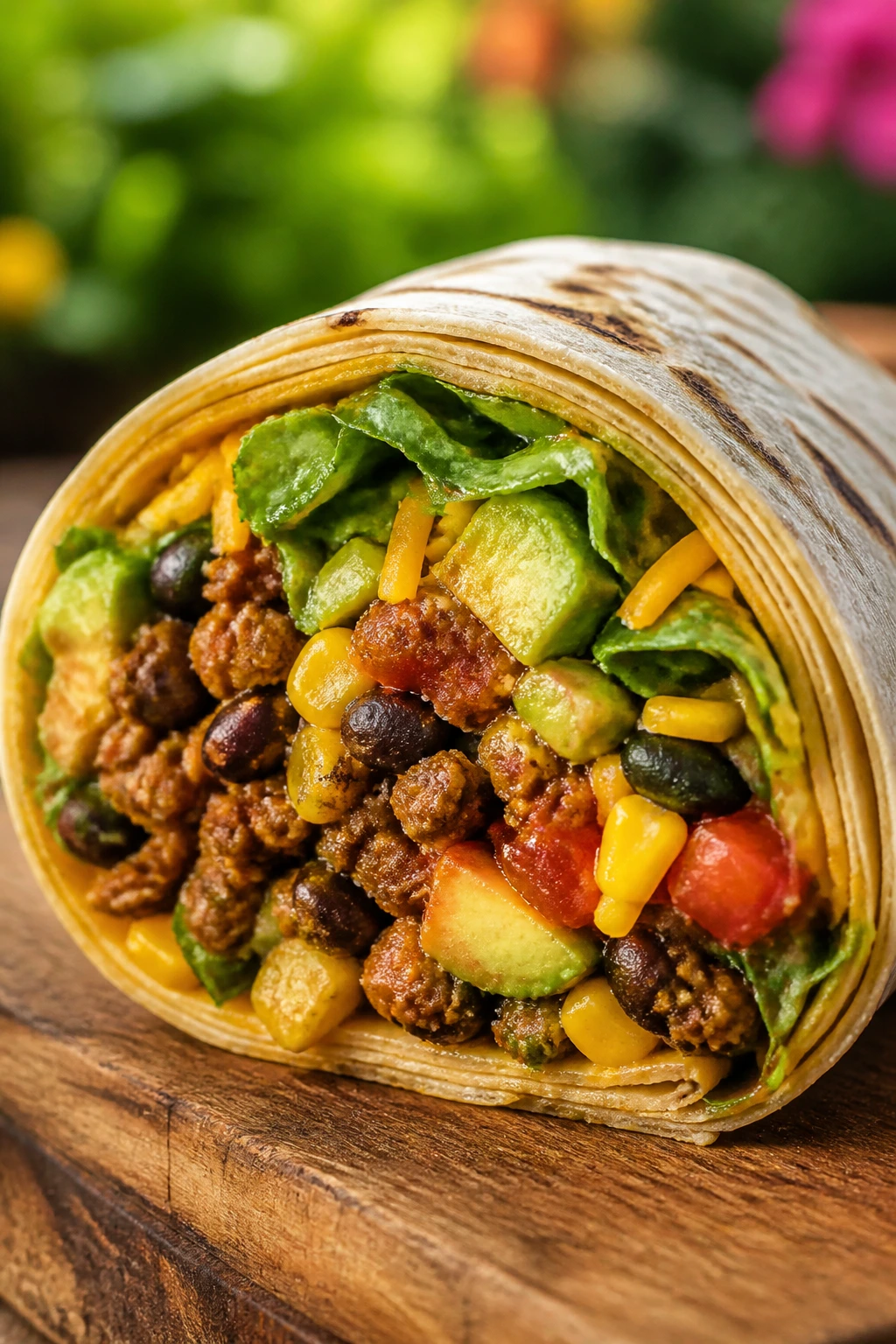 Cross-section of Taco Salad Wrap on a wooden board in sunlight