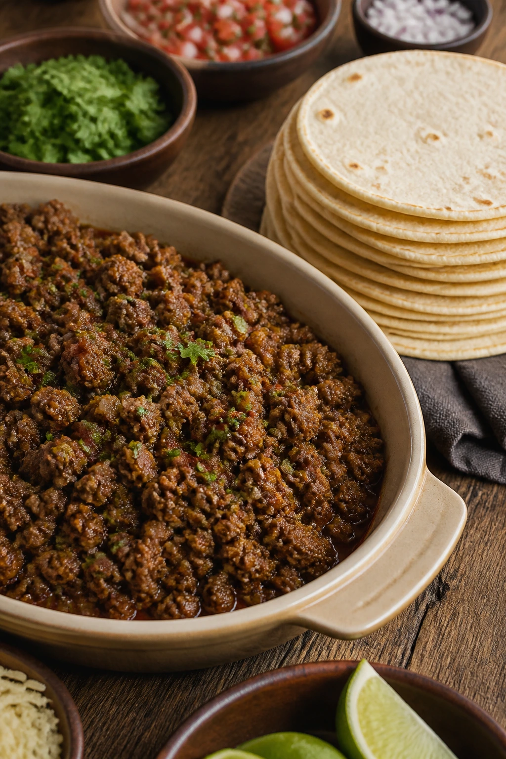 Beef filling and tortillas ready to serve tacos