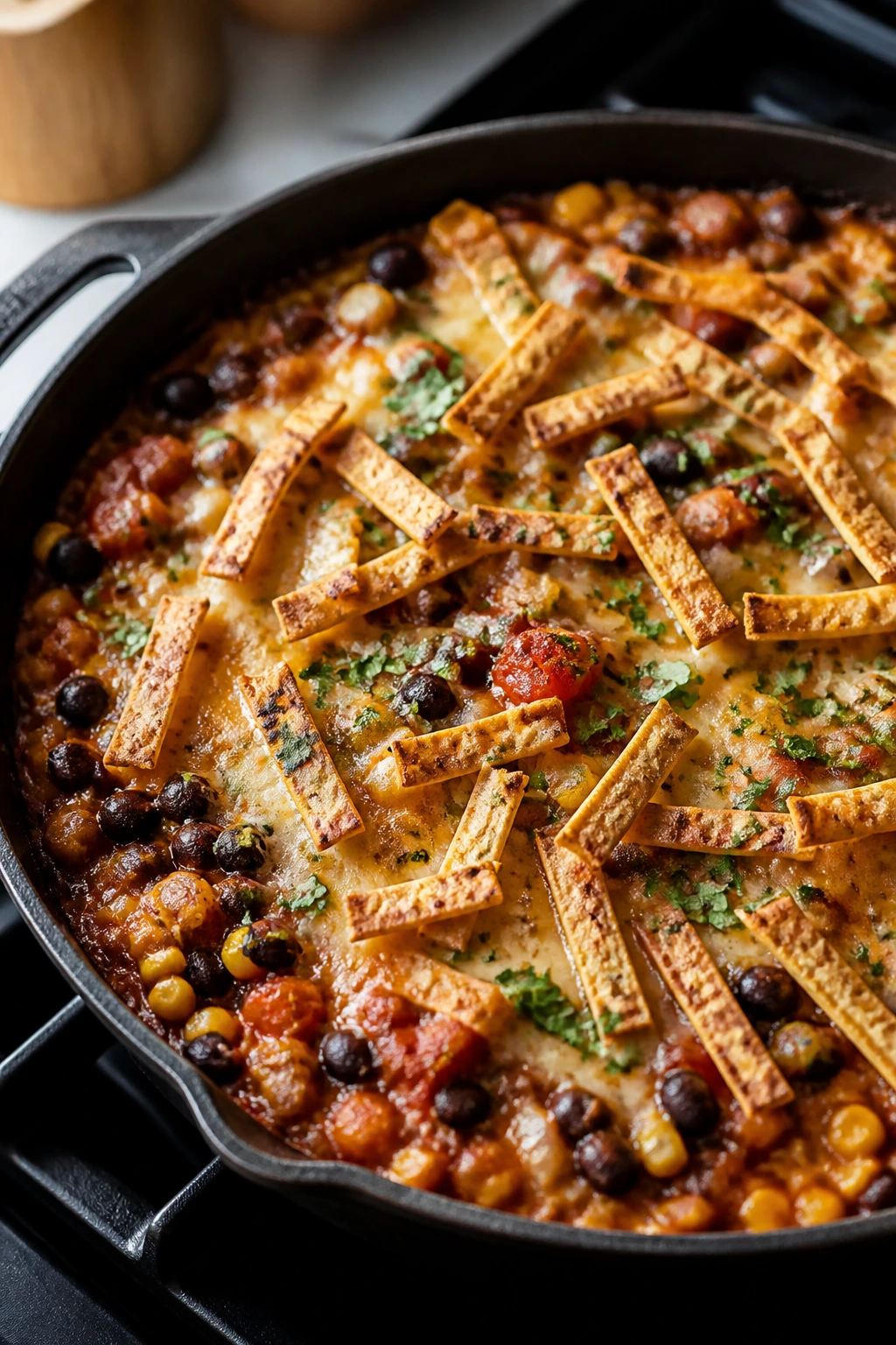 Close-up of a black bean taco skillet with cheese and tortilla strips