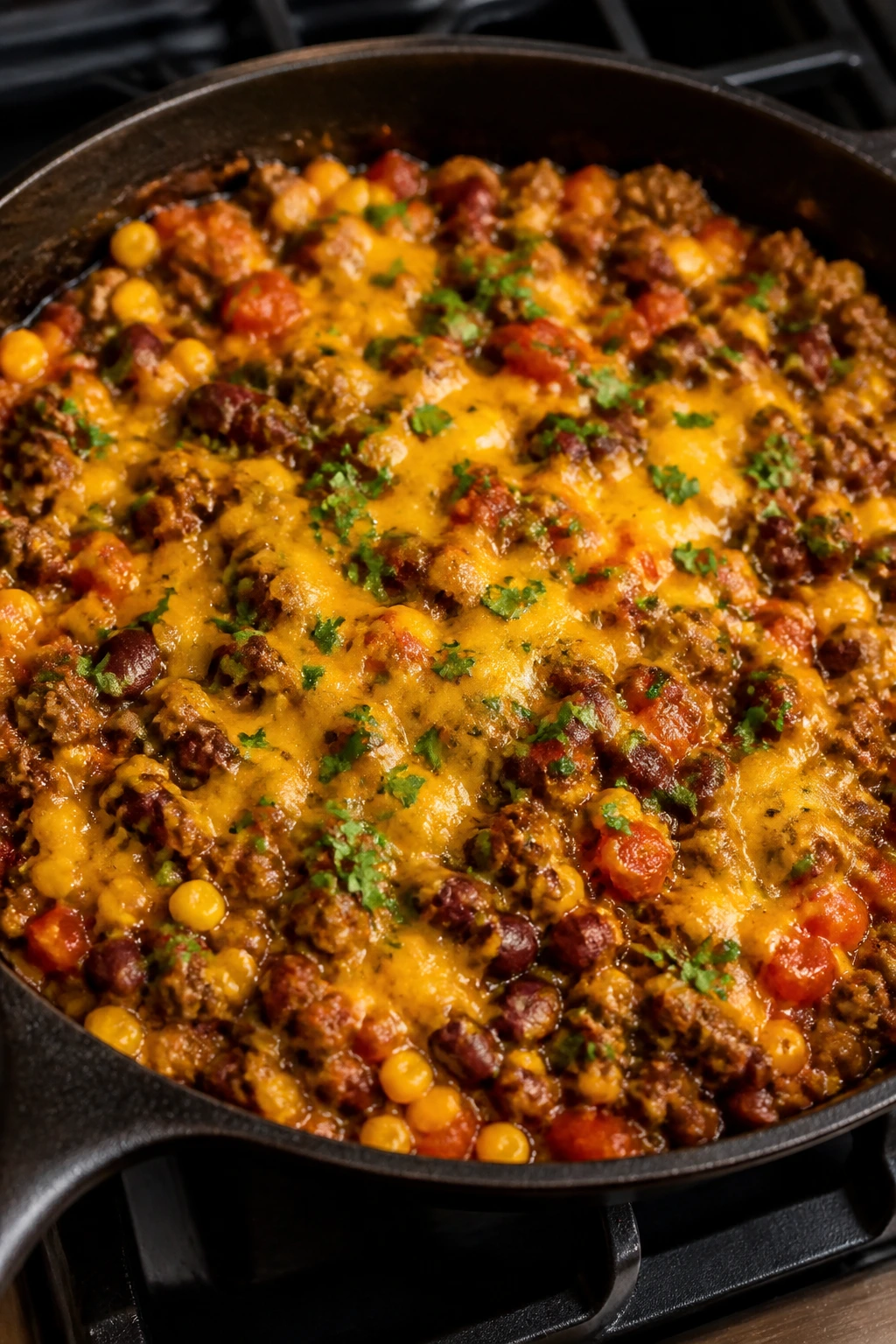 Beef taco skillet on a stove with toppings