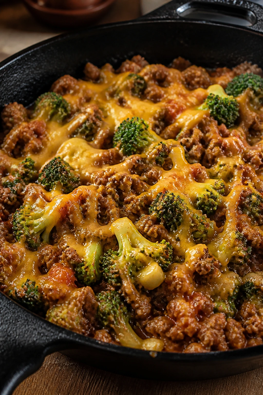 Beef taco skillet with broccoli and melted cheese